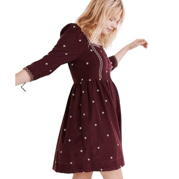 Madewell NWT Embroidered Corduroy Button-Front Mini Dress Size 10 Puff Sleeve - Picture 2 of 14